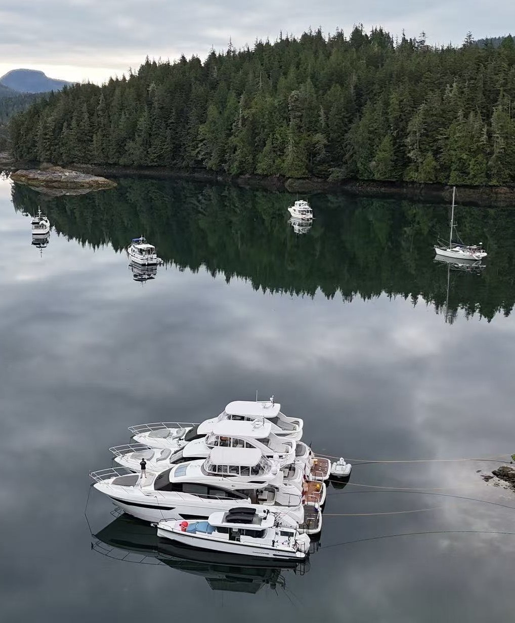 Yachts rafted together at anchor in a quiet forested cove