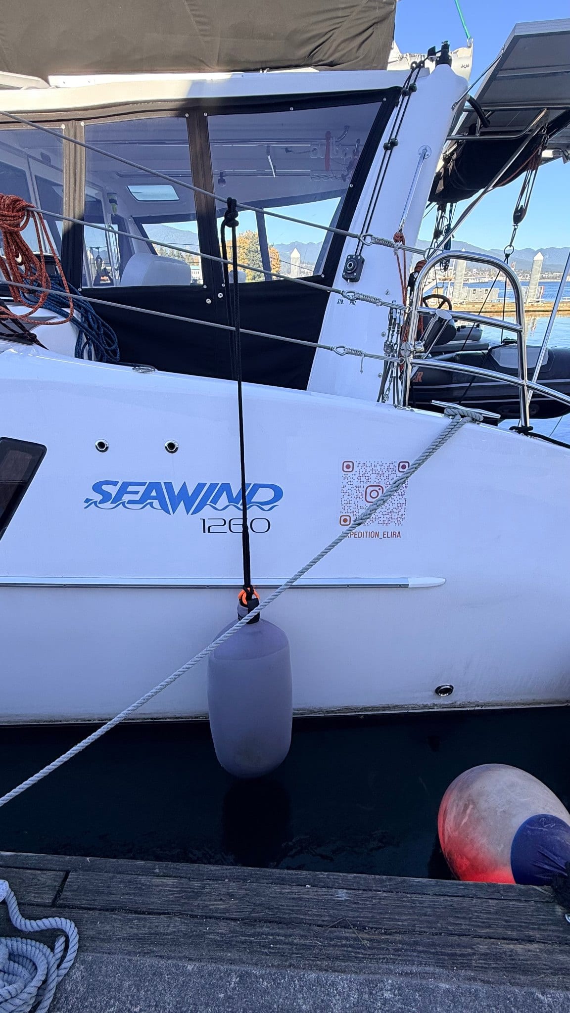 Seawind 1260 catamaran "Expedition Elira" docked in Vancouver.